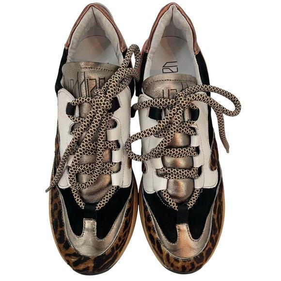 Vaddia 38 / 7.5 Calf Hair Leather Sneakers Metallic Cheetah Print - Picture 3 of 12